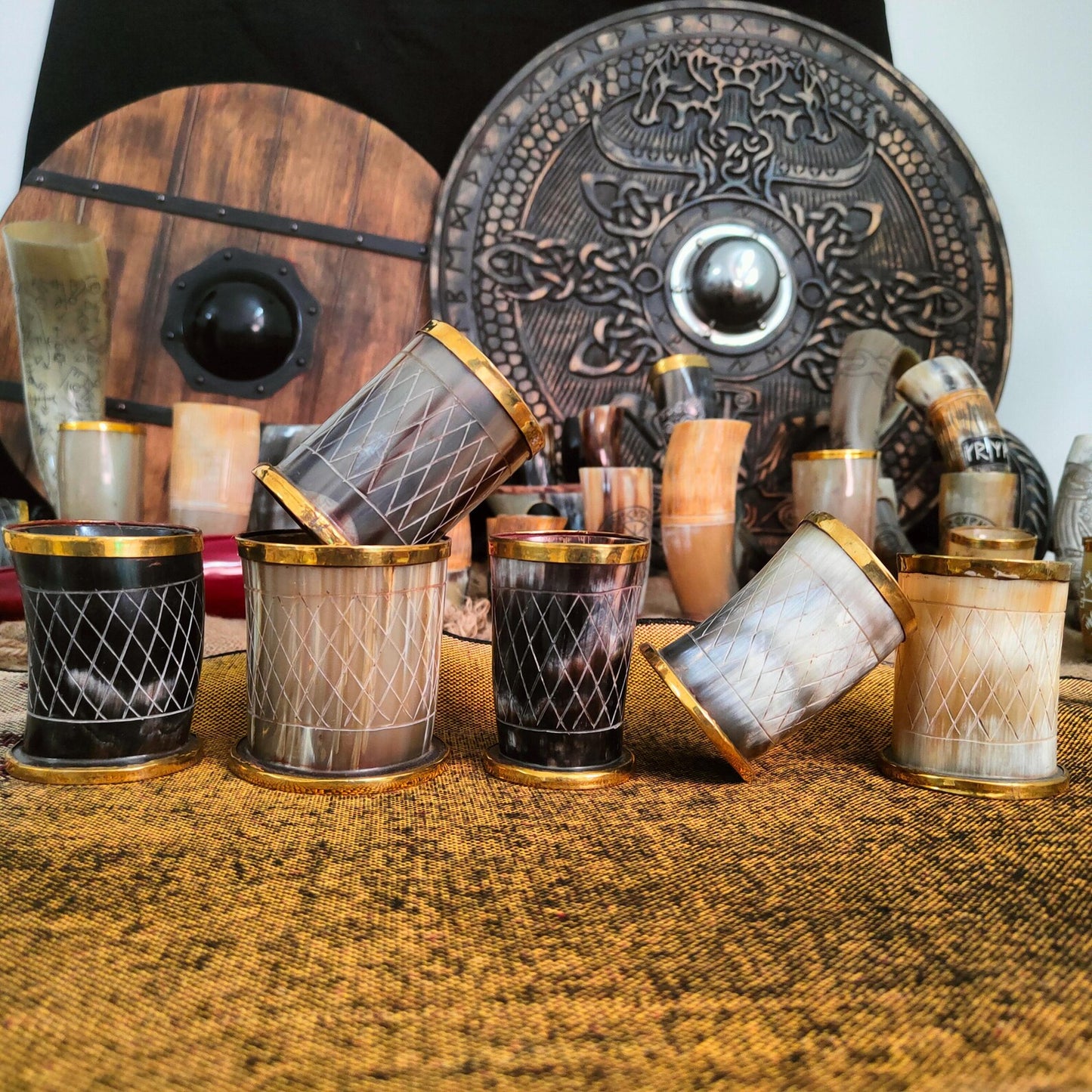 Viking Personalized Drinking Horn Glasses | Small Horn Cups for Spirits & Shots | Handmade Norse Barware with Engraved Nordic Symbols