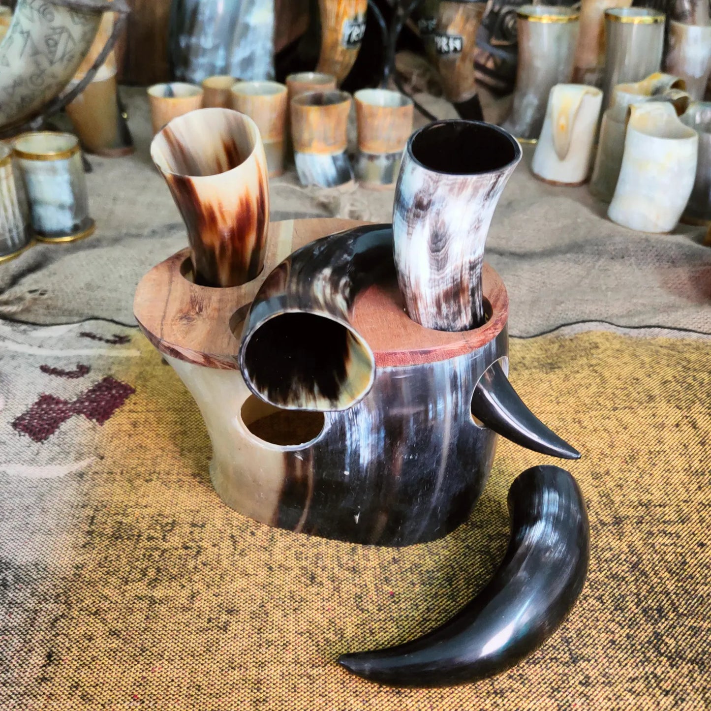 Drinking Horn Shot Cups (Set of 4) with Horn Stand | Norse Decor & Medieval Gift Idea