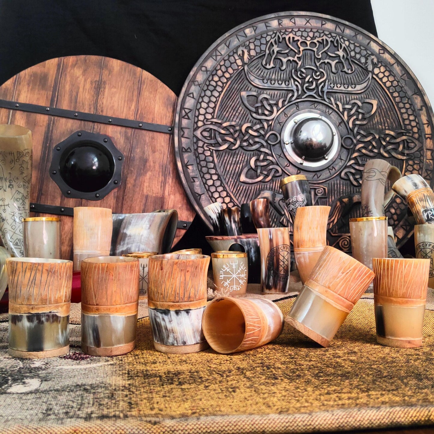 Viking Personalized Drinking Horn Glasses | Small Horn Cups for Spirits & Shots | Handmade Norse Barware with Engraved Nordic Symbols