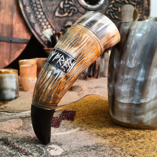 Beer Horn Mug with and Mead Shots Engraved Ox Horn Ale Tankard Mug Handmade Medieval Drinking Gift for Husband