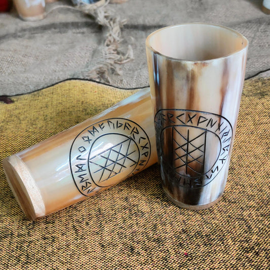 Drinking Set Mead Cup and Horn Personalized with Runes Norse Mug Natural Horn Pagan Gift for Him Handmade Nordic Decor Norse Style