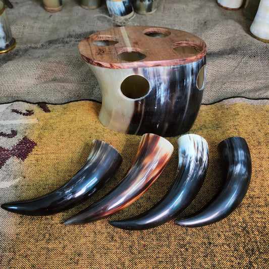 Drinking Horn Shot Cups (Set of 4) with Horn Stand | Norse Decor & Medieval Gift Idea