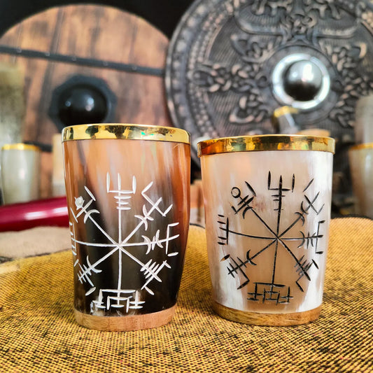 Viking Horn Shot Glasses with Gold Rim | Small Norse Beer & Whiskey Cups | Vegvisir Compass Symbol Drinkware | Handmade Norse Gift
